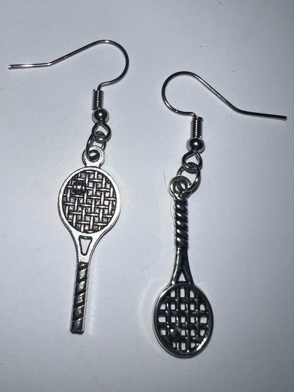 Handmade Silver Tennis Racket Earrings - - Picture 2 of 3